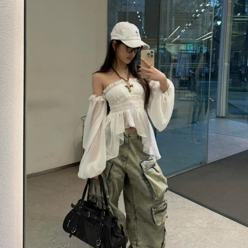 White Off Shoulder Long Sleeve Crop Top