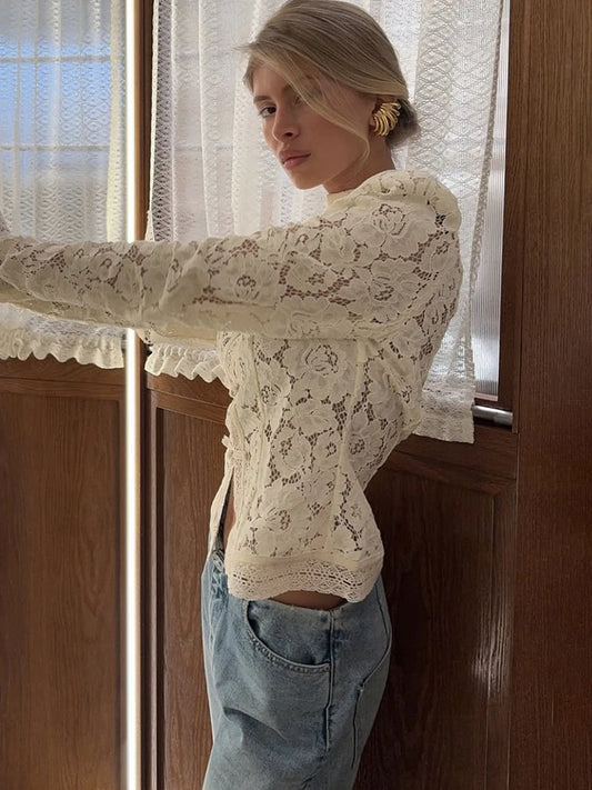 Floral See Through Stand Collar Lace Long Sleeve Top