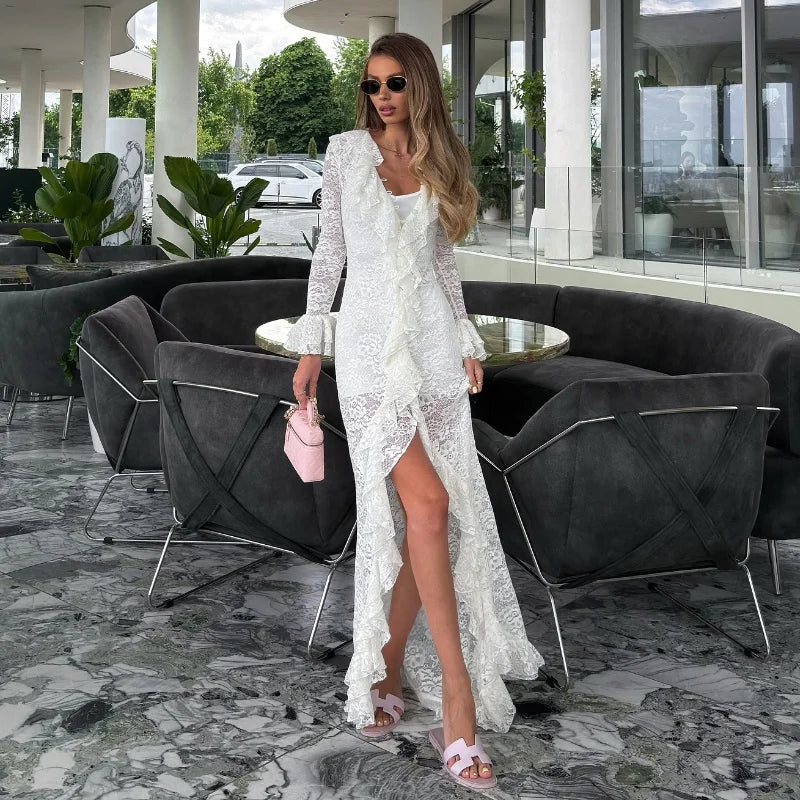 White Lace Ruffle Chiffon V-Neck Slit Long Dress