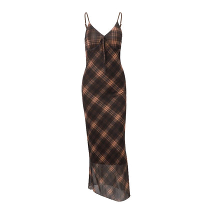 Brown Striped Plaid Slim Maxi Dress