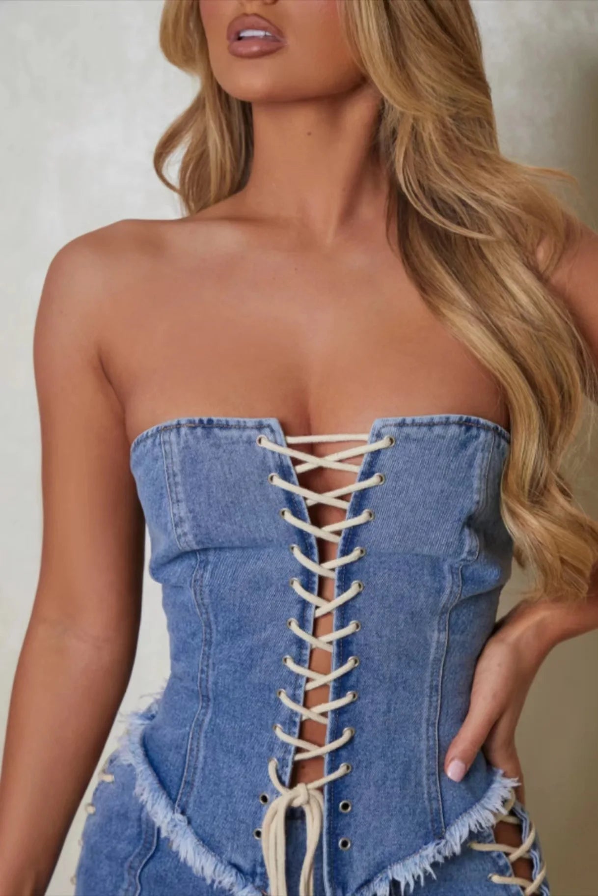 Denim Drawstring Strapless Top
