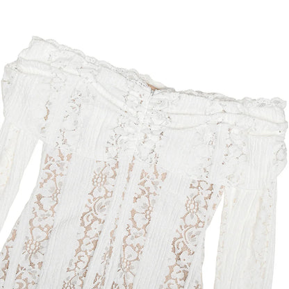 Elegant White Off The Shoulder Bodycon Maxi Dress with Flare Sleeves