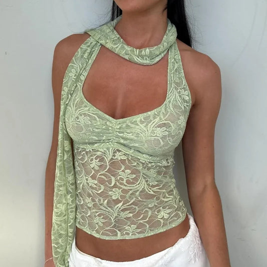 Green Lace See Through Backless Top