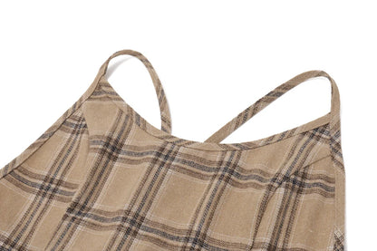 Khaki Plaid Backless Sleeveless Top And Ruffle Shorts Two Piece Set