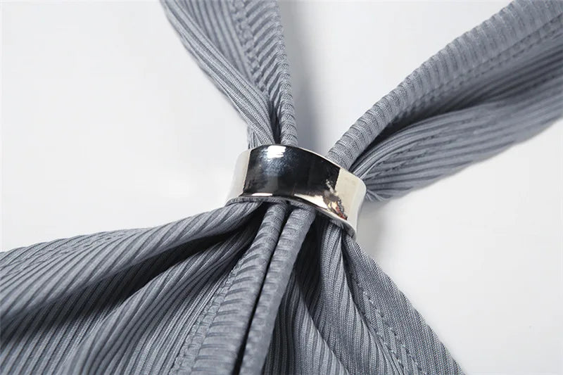 Gray Button Up Hollow Backless Halter Top