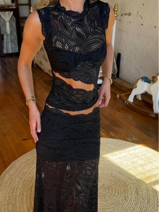 Black Lace See Through Top and Maxi Skirt Two Piece Set