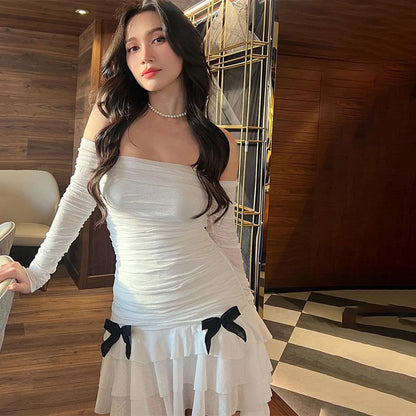 White Ruched Bow Off Shoulder Mini Dress WHITE
