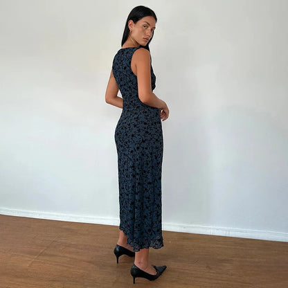 Floral Printed Deep V Long Dress - Sleeveless Slim Fit
