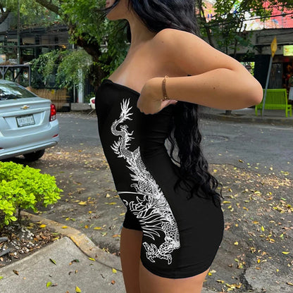 Dragon Print Tube Romper Off Shoulder Bodycon Jumpsuit