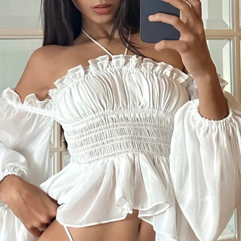 White Off Shoulder Long Sleeve Crop Top