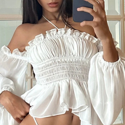 White Off Shoulder Long Sleeve Crop Top