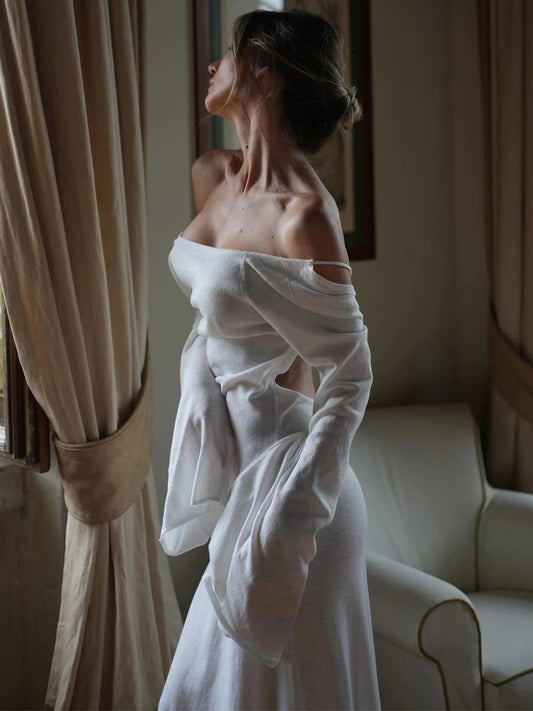 Knitted Backless Long Sleeve Maxi Dress White