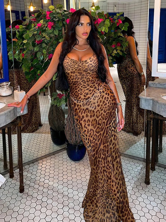 Leopard V Neck Backless Maxi Dress