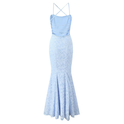 Square Neck Backless Suspender Dress with Fish Tail
