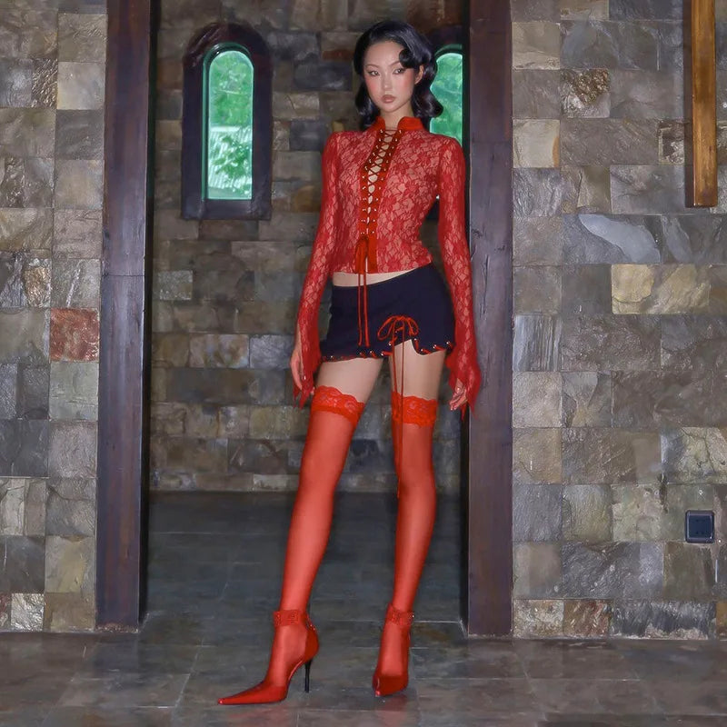 Red See Through Lace Top