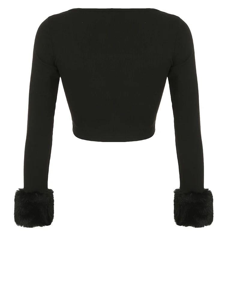 Square Collar Tee Shirts Crop Top Long Sleeves Fur Cuff Slim Kintted