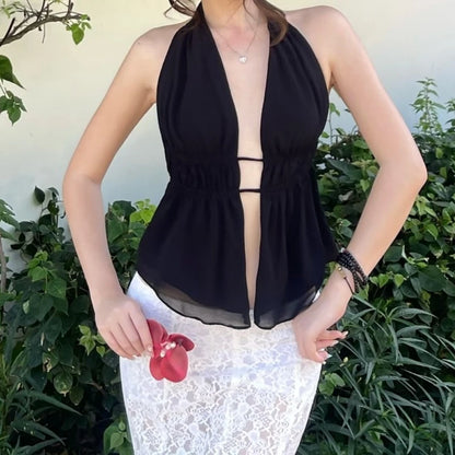 Black Backless Mesh Sleveless Halter Tank Top