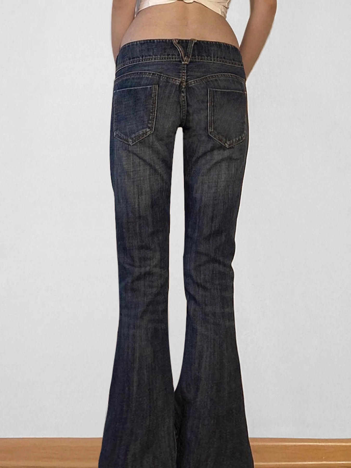 Low Waisted Washed Flared Jeans Button Pants Slim Pockets Bottoms