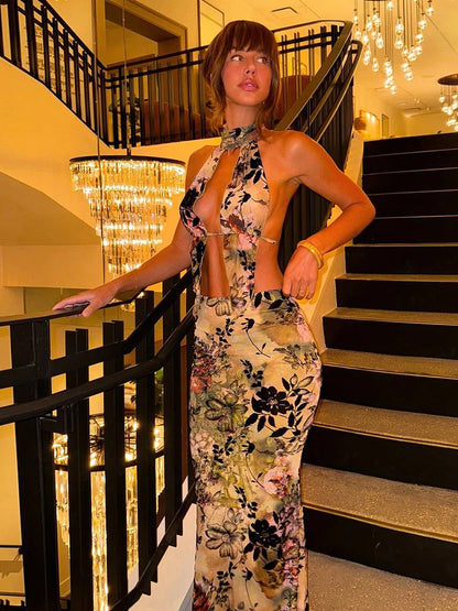 Green Halter Backless Top & Maxi Skirt Set