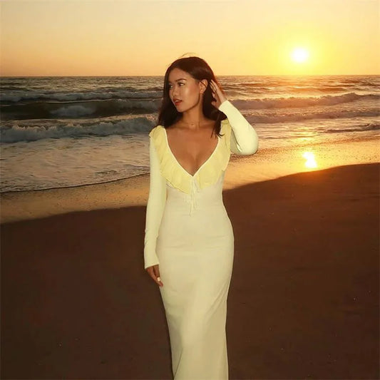 Yellow Ruffled V-Neck Long Sleeve Maxi Dress