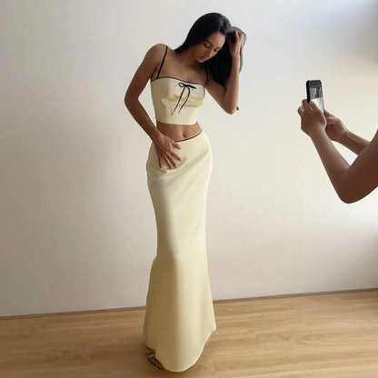 Apricot Satin Backless Crop Top and Midi Skirt Two Piece Set