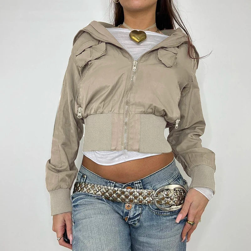 Patchwork Jackets Pockets Turn-down Collar 's Coats Zipper