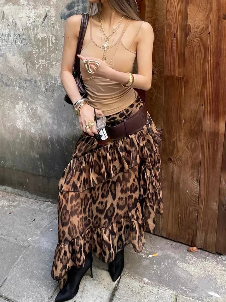 Leopard High Waist Ruched Long Skirt
