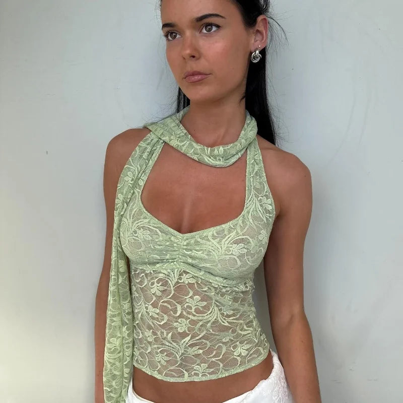 Green Lace See Through Backless Top