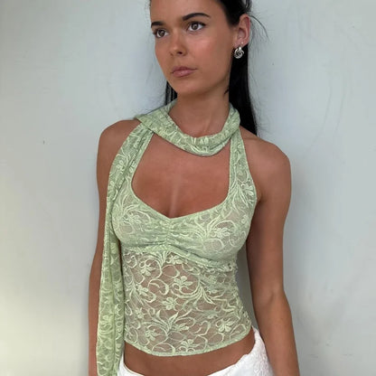 Green Lace See Through Backless Top