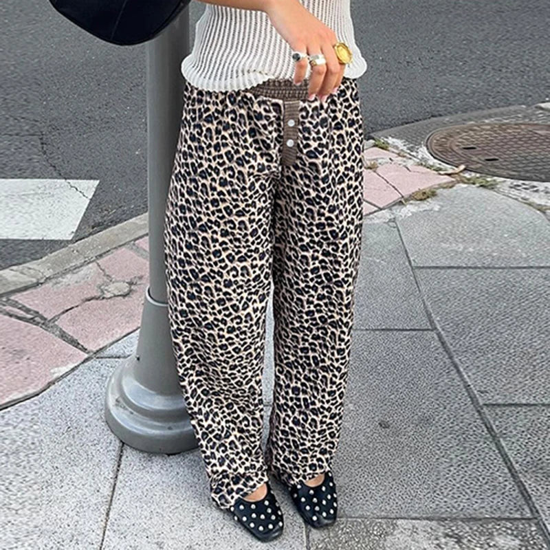 Leopard Patchwork Straight Pant Elatic Wait Trouer Baggy Bottom
