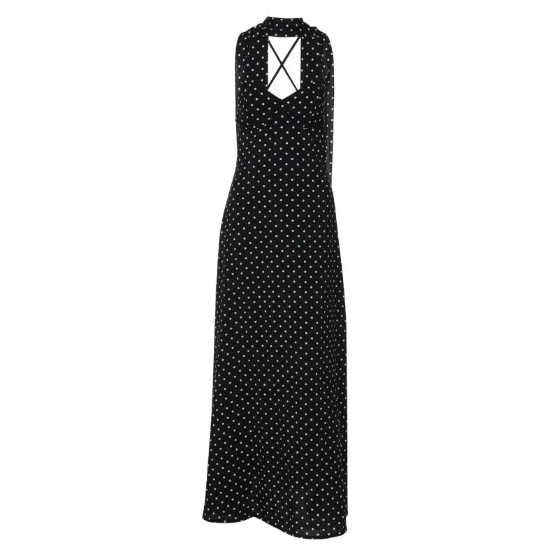 Black Polka Dot V-Neck Backless Maxi Dress