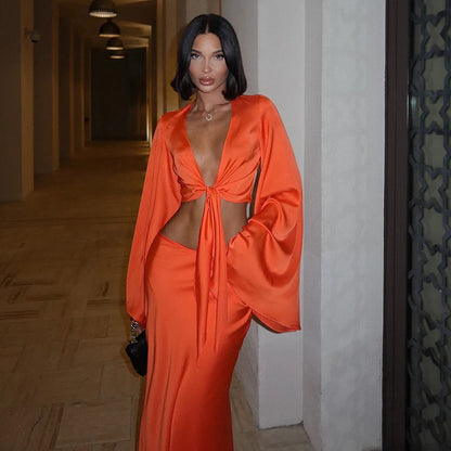 Solid Flare Sleeve Deep V-Neck Tracksuit Set Orange