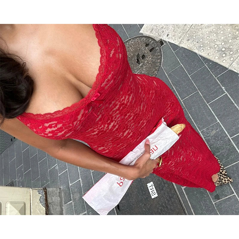 Red Lace See Through Maxi Dress