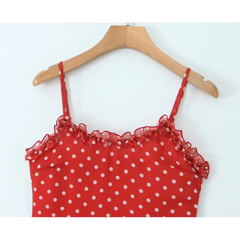 Red Polka Dot Ruffle A-Line Midi Dress