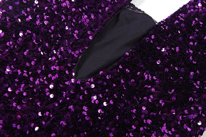 Purple Sequins Backless Slim Mini Dress