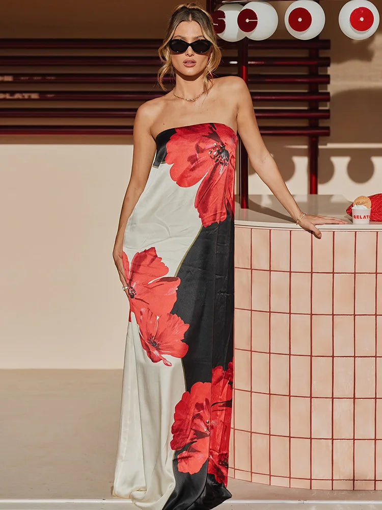 Strapless Floral Maxi Dress R Backless Off Shoulder Dress Loose