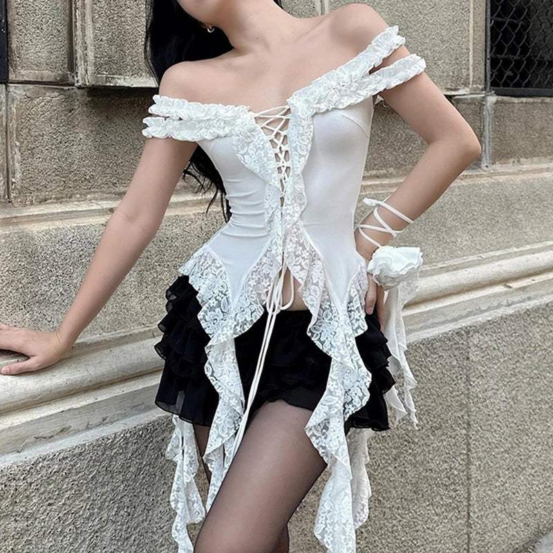 White Floral Lace Ruffle Top