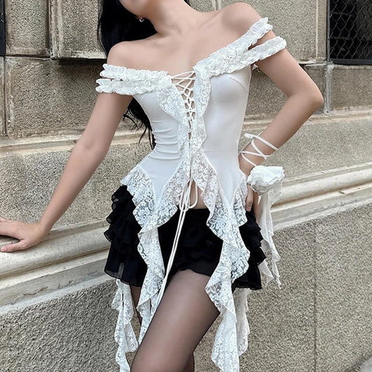 White Floral Lace Ruffle Top