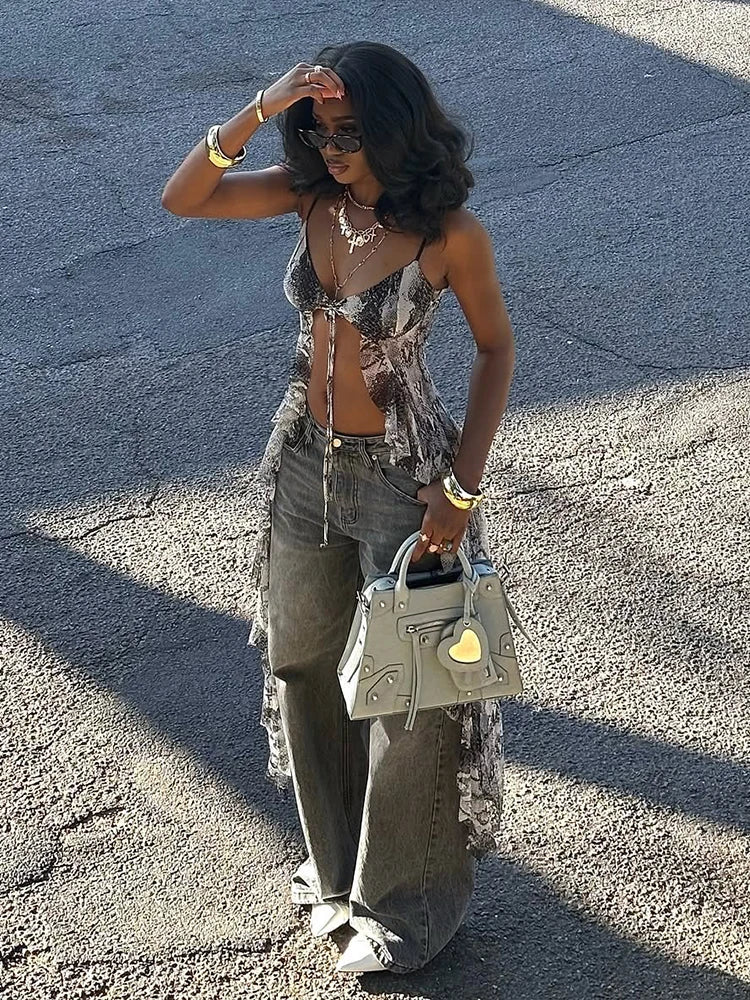 Gray Long Tie-Dye Ruffles Top