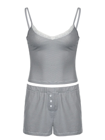 Strip Lace Patchwork Two Piece Set - Camisole & Shorts