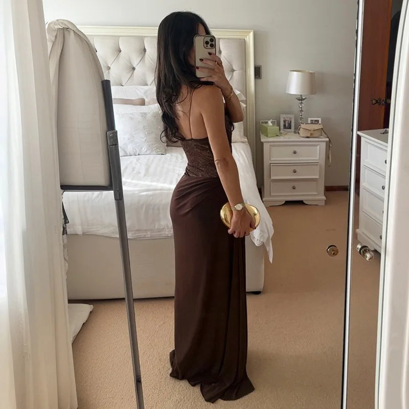 See Through Lace One Shoulder High Slit Maxi Dress
