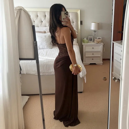 See Through Lace One Shoulder High Slit Maxi Dress