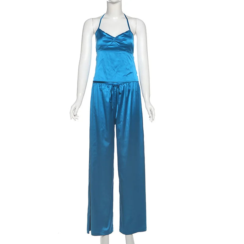 Pant Set Plunge Lace Up Top Elatic Wait Solid Suit