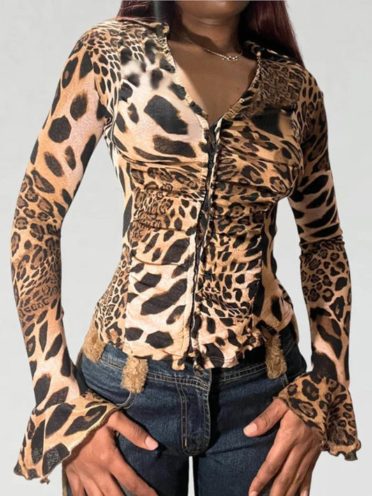 Leopard V-Neck Ruched Long Sleeve Top