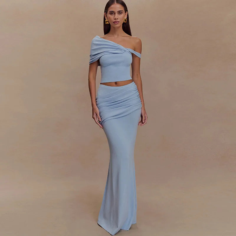 Solid Long Skirt Suit Slant Shoulder Tank Top Ruch Splice High Waist Skirt Set