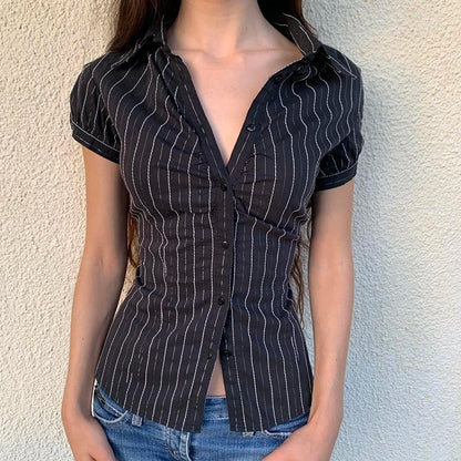 Turn-down Neck Short Sleeves Shirt Black