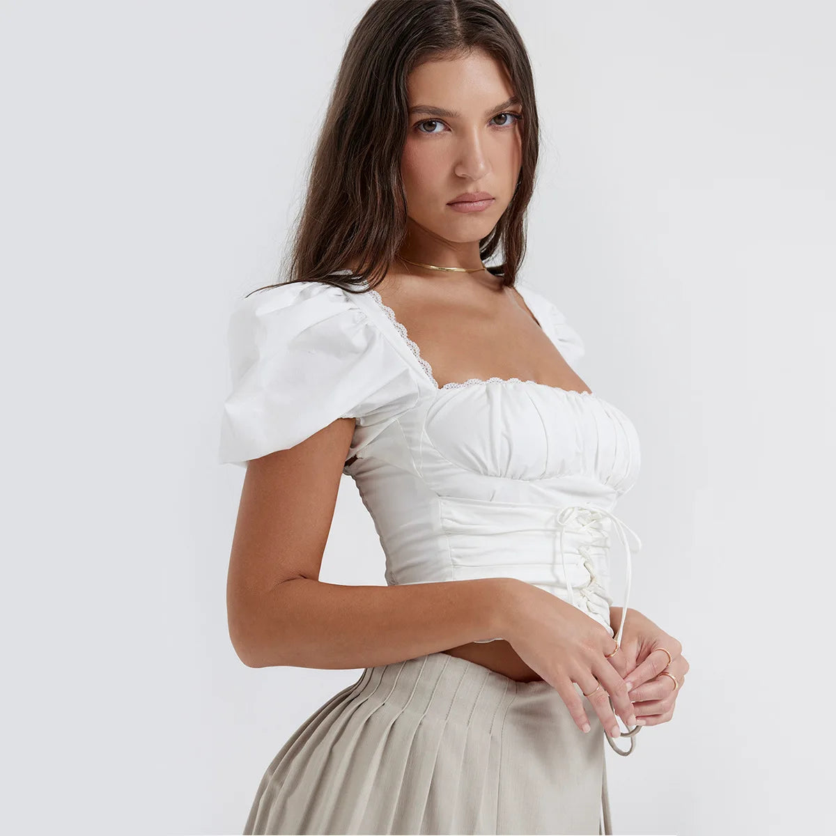 White Cotton Lace Up Top