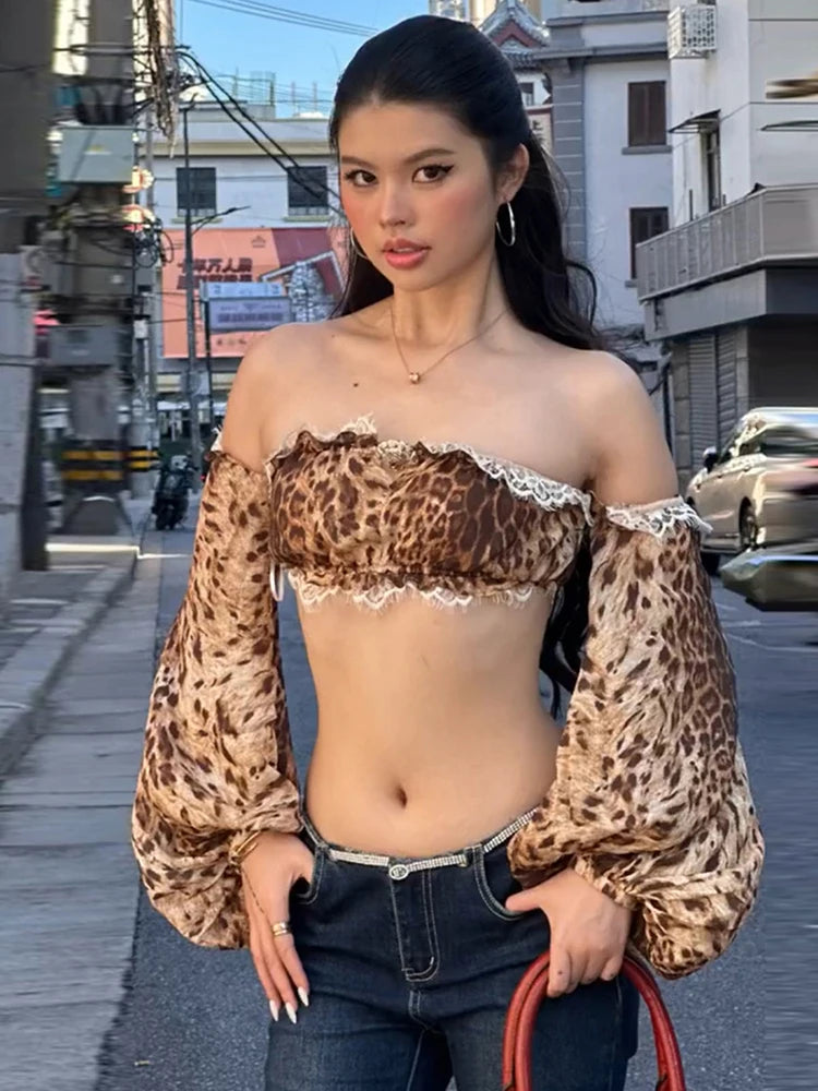 Leopard Patchwork Lace Lantern Sleeve Crop Top