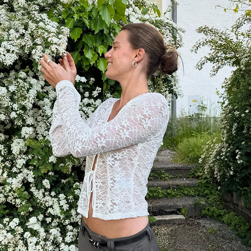 Lace Hollow Out See Through Long Sleeve Top