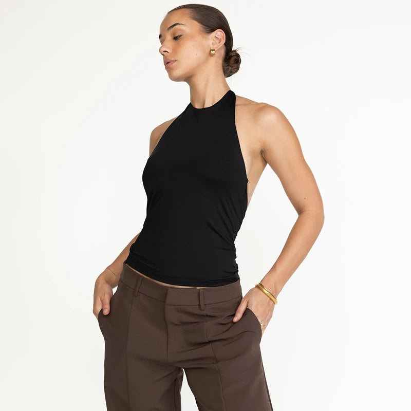 Hanging Neck Circle Backless Tight Sleevele T-Shirt Top